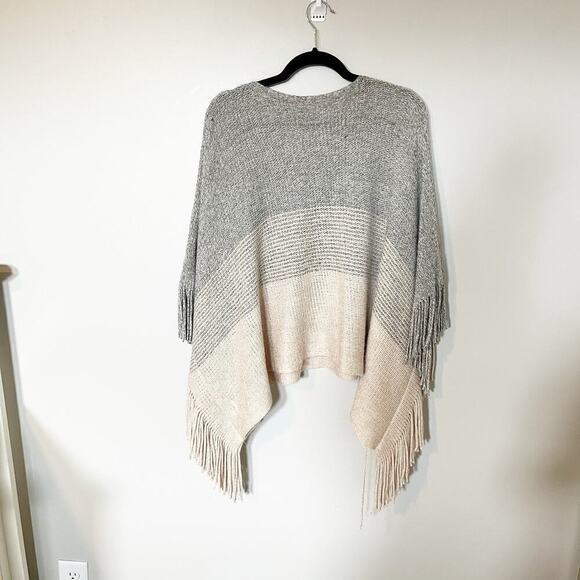 Gentle fawn gradient gray beige neutral fringe poncho - Picture 1 of 8